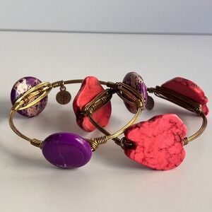 Bourbon and Boweties Bangle Set Purple Jasper Coral Red Turquoise Wire Wrapped